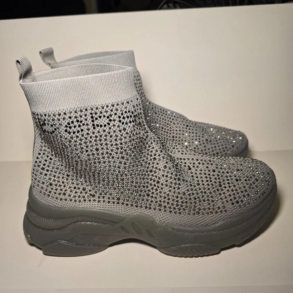 Bebe Rhinestone Sock Boots Womens 9 Gray Sparkly Platform Sneaker Boot Glam